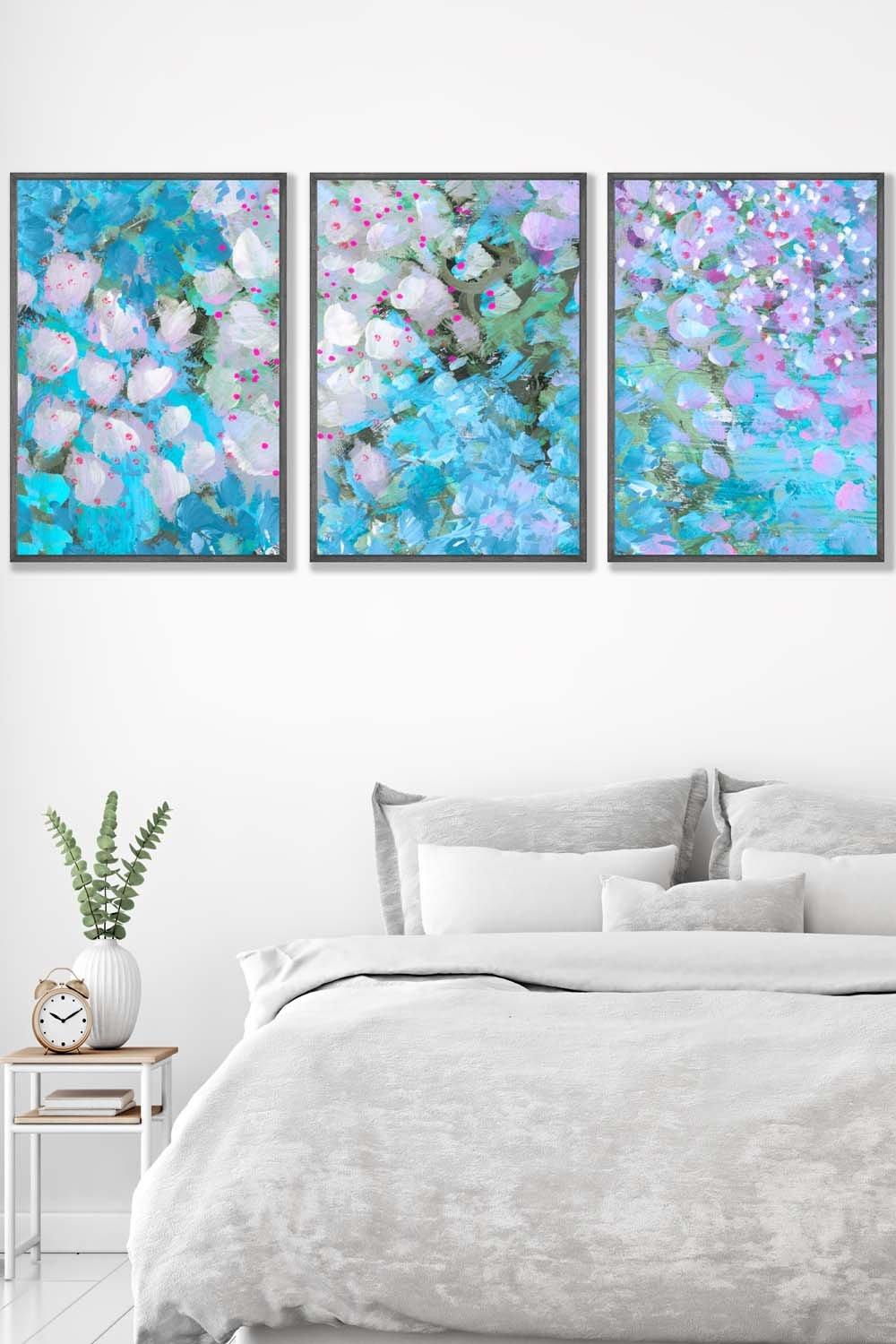 Set of 3 Dark Grey Framed Abstract Cottage Garden Flowers in Blue Wall Art